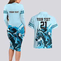 Personalised Kentucky Horse Racing Couples Matching Long Sleeve Bodycon Dress and Hawaiian Shirt 151st Anniversary Sporting Art Blue Version LT9