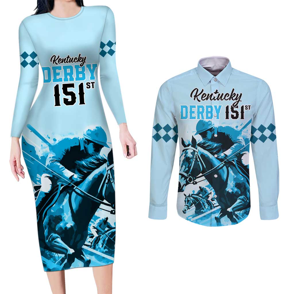 Personalised Kentucky Horse Racing Couples Matching Long Sleeve Bodycon Dress and Long Sleeve Button Shirts 151st Anniversary Sporting Art Blue Version LT9