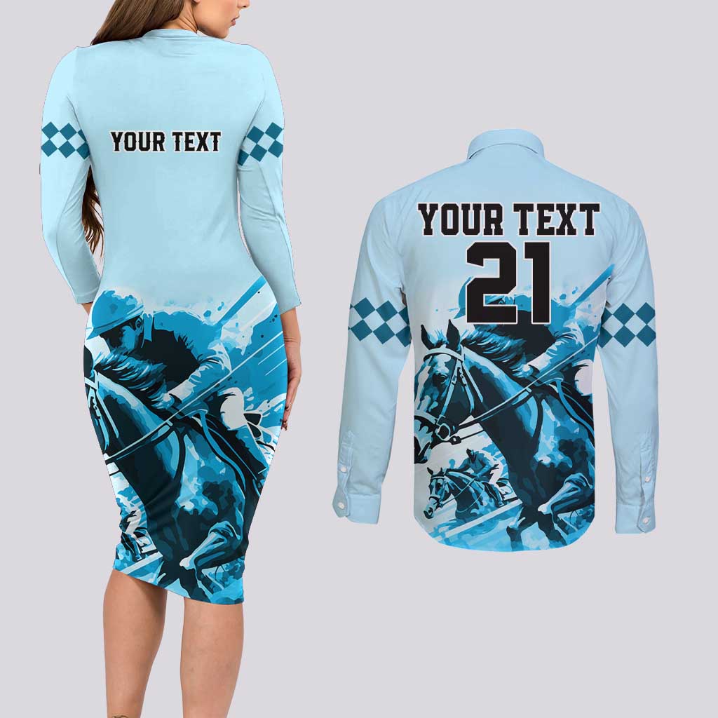 Personalised Kentucky Horse Racing Couples Matching Long Sleeve Bodycon Dress and Long Sleeve Button Shirts 151st Anniversary Sporting Art Blue Version LT9