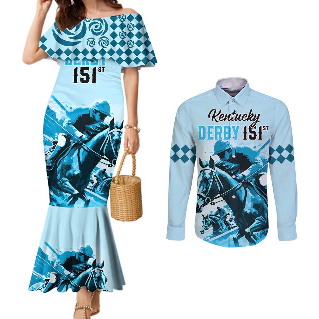 Personalised Kentucky Horse Racing Couples Matching Mermaid Dress and Long Sleeve Button Shirts 151st Anniversary Sporting Art Blue Version LT9