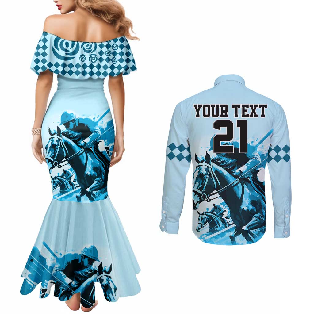 Personalised Kentucky Horse Racing Couples Matching Mermaid Dress and Long Sleeve Button Shirts 151st Anniversary Sporting Art Blue Version LT9