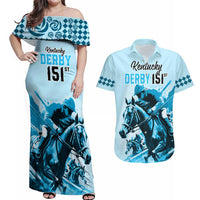 Personalised Kentucky Horse Racing Couples Matching Off Shoulder Maxi Dress and Hawaiian Shirt 151st Anniversary Sporting Art Blue Version LT9