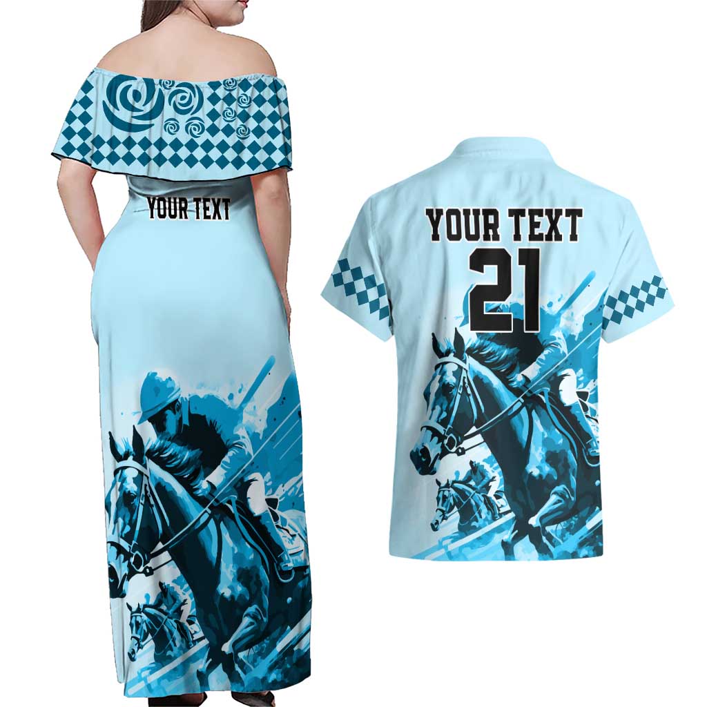 Personalised Kentucky Horse Racing Couples Matching Off Shoulder Maxi Dress and Hawaiian Shirt 151st Anniversary Sporting Art Blue Version LT9