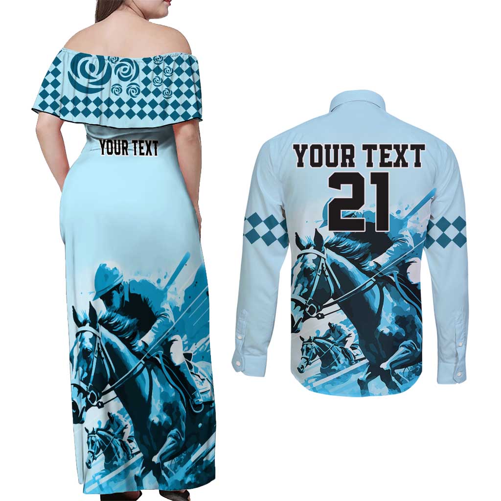 Personalised Kentucky Horse Racing Couples Matching Off Shoulder Maxi Dress and Long Sleeve Button Shirts 151st Anniversary Sporting Art Blue Version LT9