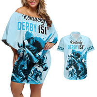 Personalised Kentucky Horse Racing Couples Matching Off Shoulder Short Dress and Hawaiian Shirt 151st Anniversary Sporting Art Blue Version LT9