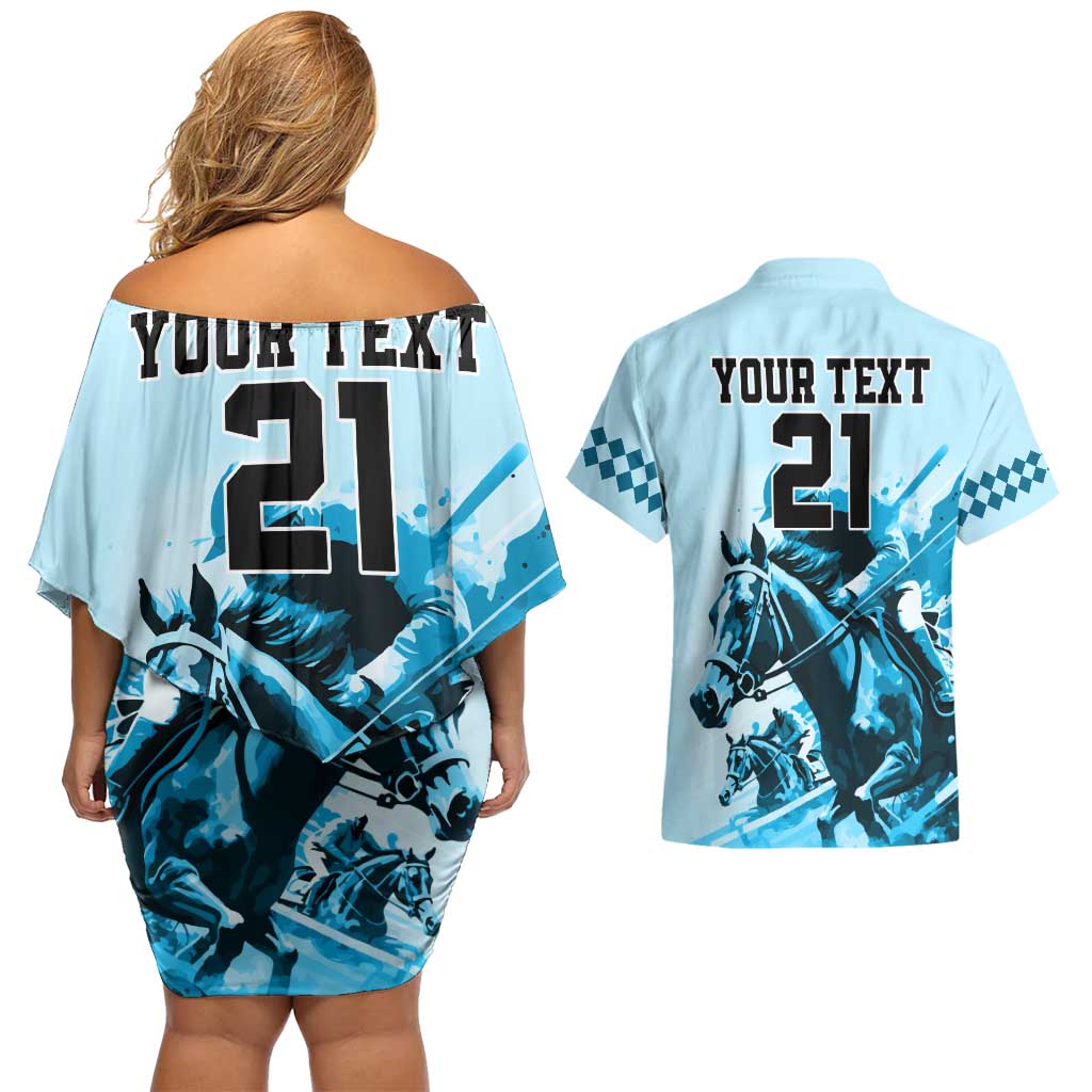 Personalised Kentucky Horse Racing Couples Matching Off Shoulder Short Dress and Hawaiian Shirt 151st Anniversary Sporting Art Blue Version LT9