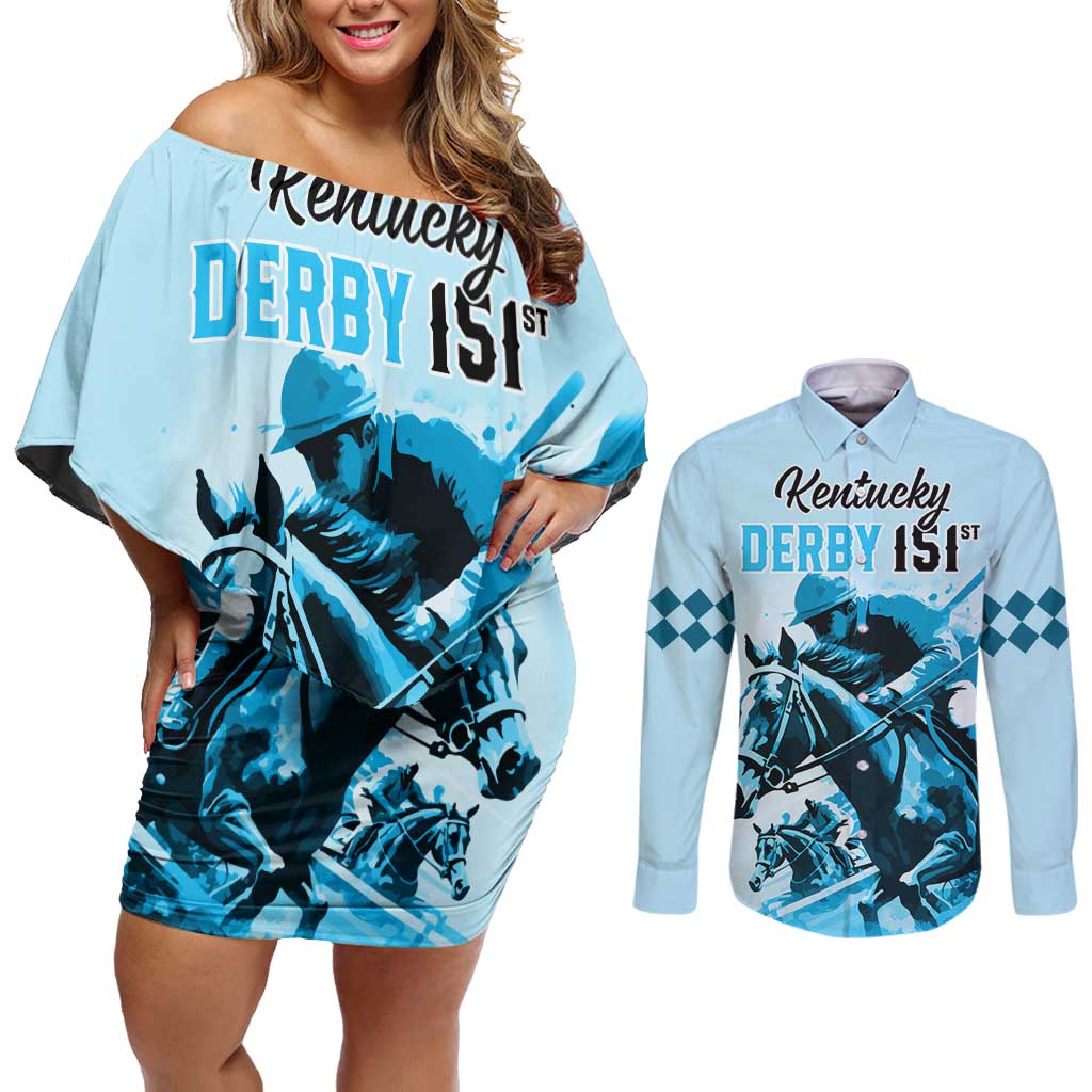Personalised Kentucky Horse Racing Couples Matching Off Shoulder Short Dress and Long Sleeve Button Shirts 151st Anniversary Sporting Art Blue Version LT9