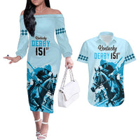 Personalised Kentucky Horse Racing Couples Matching Off The Shoulder Long Sleeve Dress and Hawaiian Shirt 151st Anniversary Sporting Art Blue Version LT9