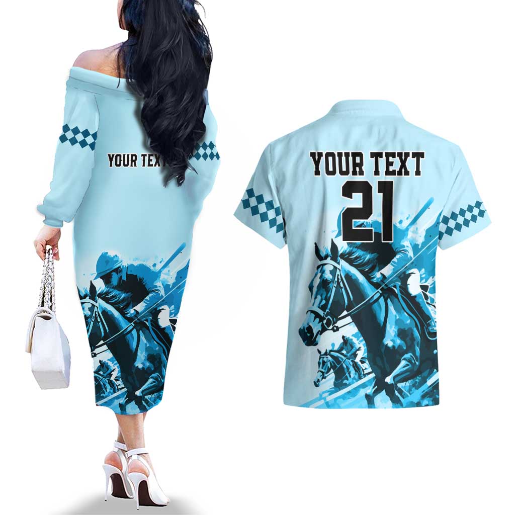 Personalised Kentucky Horse Racing Couples Matching Off The Shoulder Long Sleeve Dress and Hawaiian Shirt 151st Anniversary Sporting Art Blue Version LT9