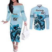 Personalised Kentucky Horse Racing Couples Matching Off The Shoulder Long Sleeve Dress and Long Sleeve Button Shirts 151st Anniversary Sporting Art Blue Version LT9