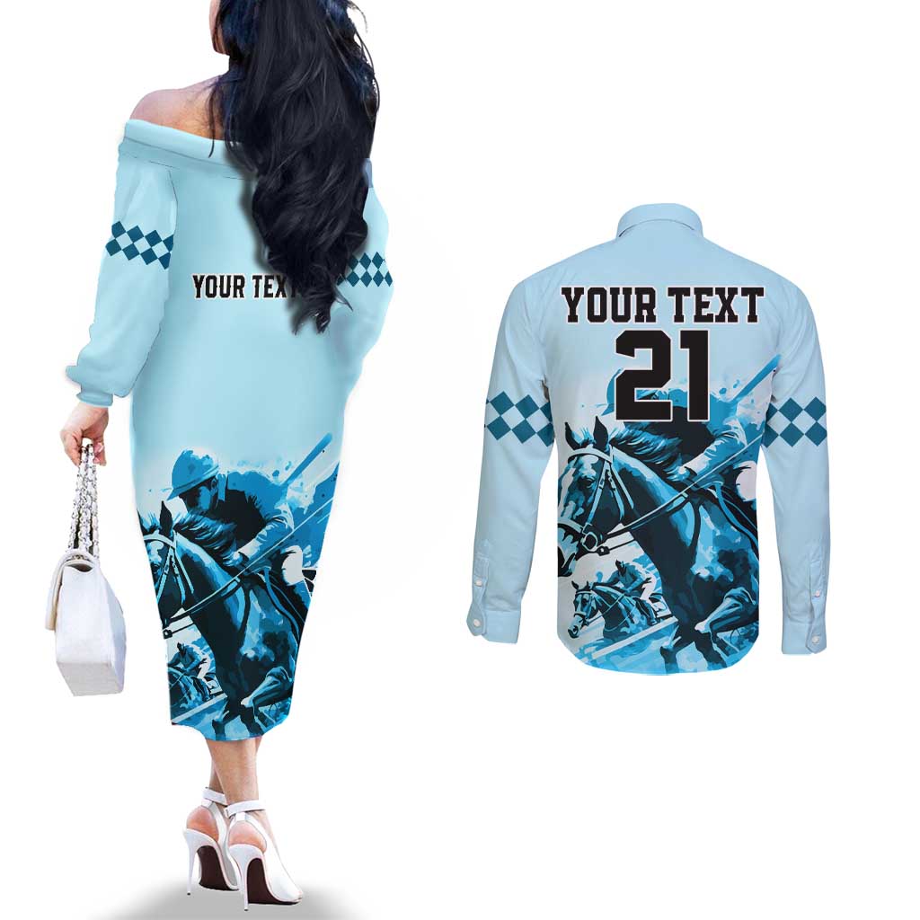 Personalised Kentucky Horse Racing Couples Matching Off The Shoulder Long Sleeve Dress and Long Sleeve Button Shirts 151st Anniversary Sporting Art Blue Version LT9