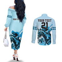 Personalised Kentucky Horse Racing Couples Matching Off The Shoulder Long Sleeve Dress and Long Sleeve Button Shirts 151st Anniversary Sporting Art Blue Version LT9