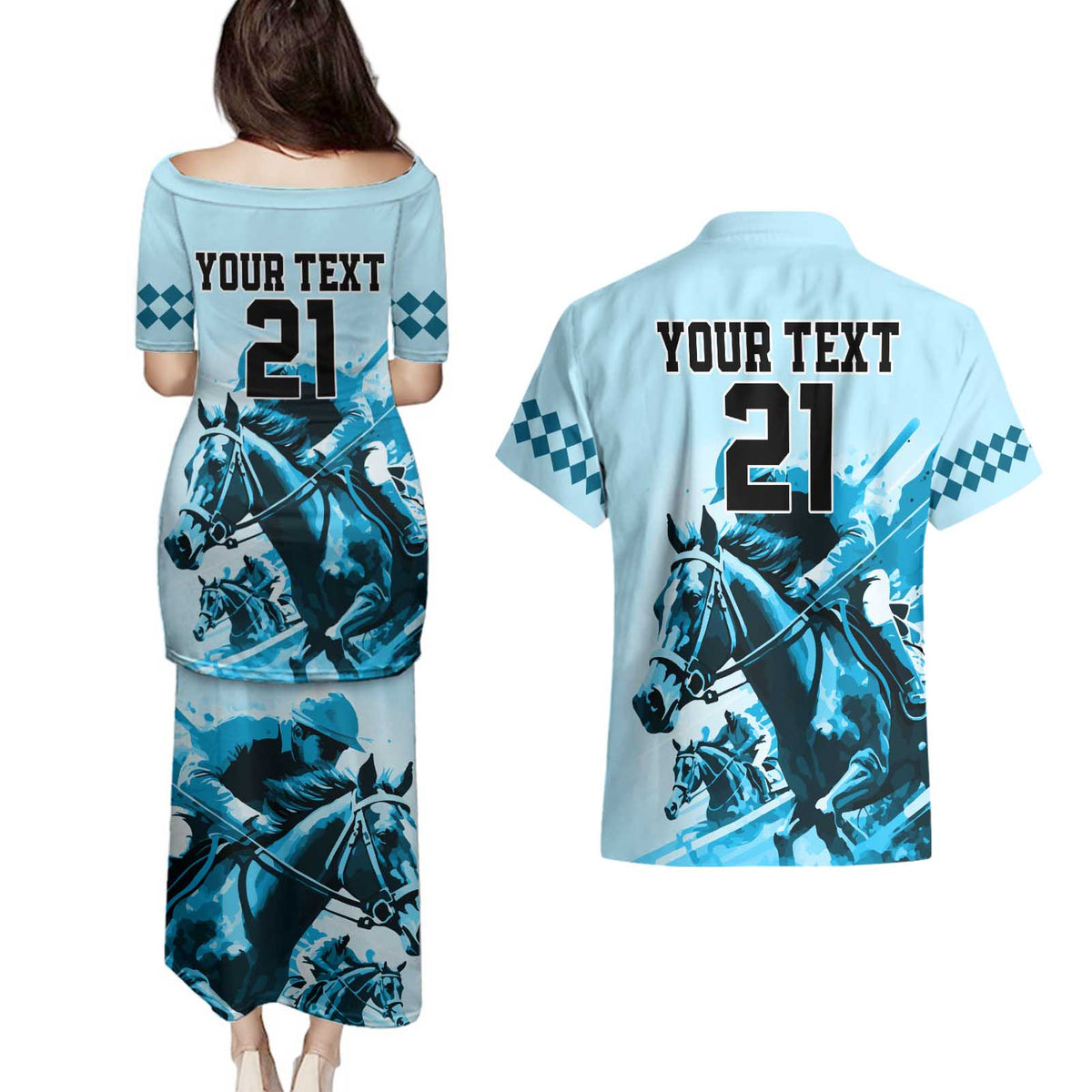 Personalised Kentucky Horse Racing Couples Matching Puletasi Dress and Hawaiian Shirt 151st Anniversary Sporting Art Blue Version LT9