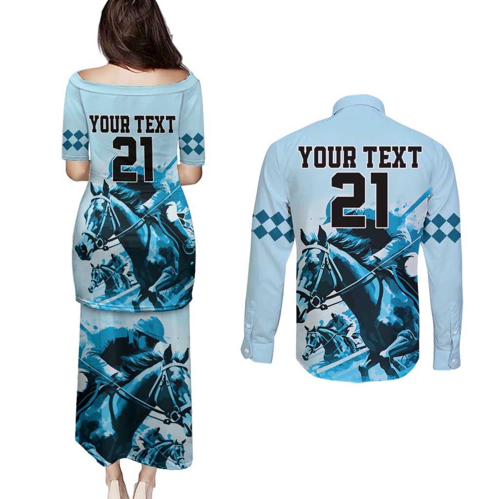 Personalised Kentucky Horse Racing Couples Matching Puletasi Dress and Long Sleeve Button Shirts 151st Anniversary Sporting Art Blue Version LT9