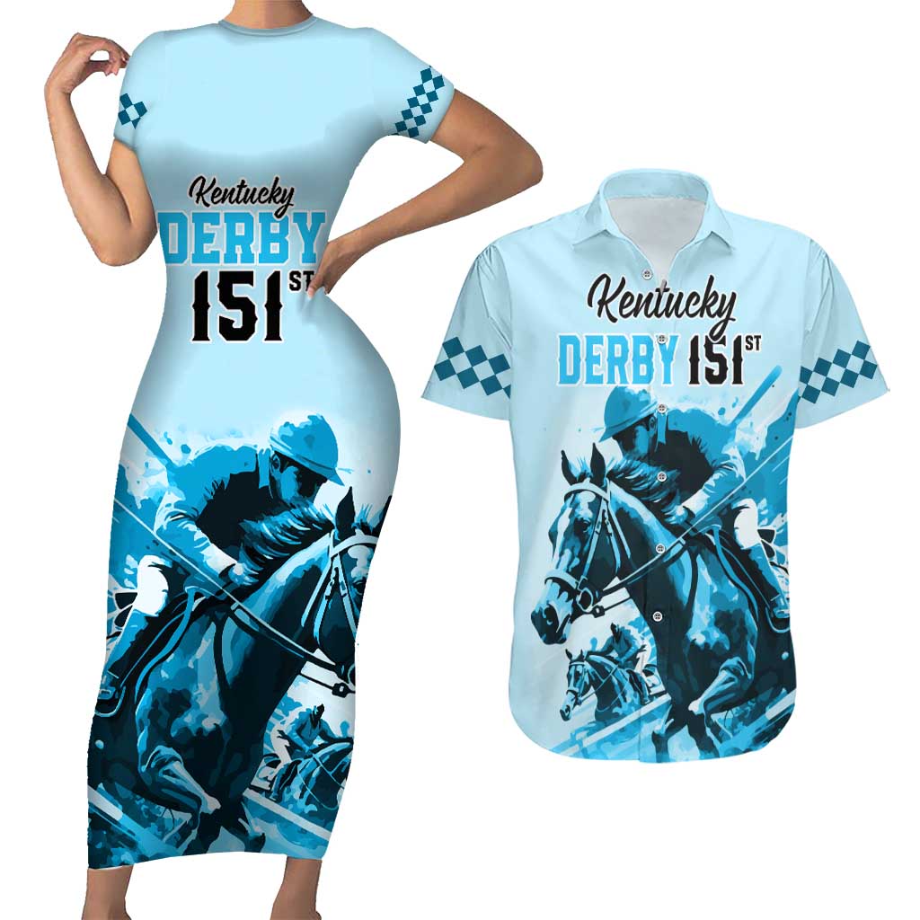 Personalised Kentucky Horse Racing Couples Matching Short Sleeve Bodycon Dress and Hawaiian Shirt 151st Anniversary Sporting Art Blue Version LT9