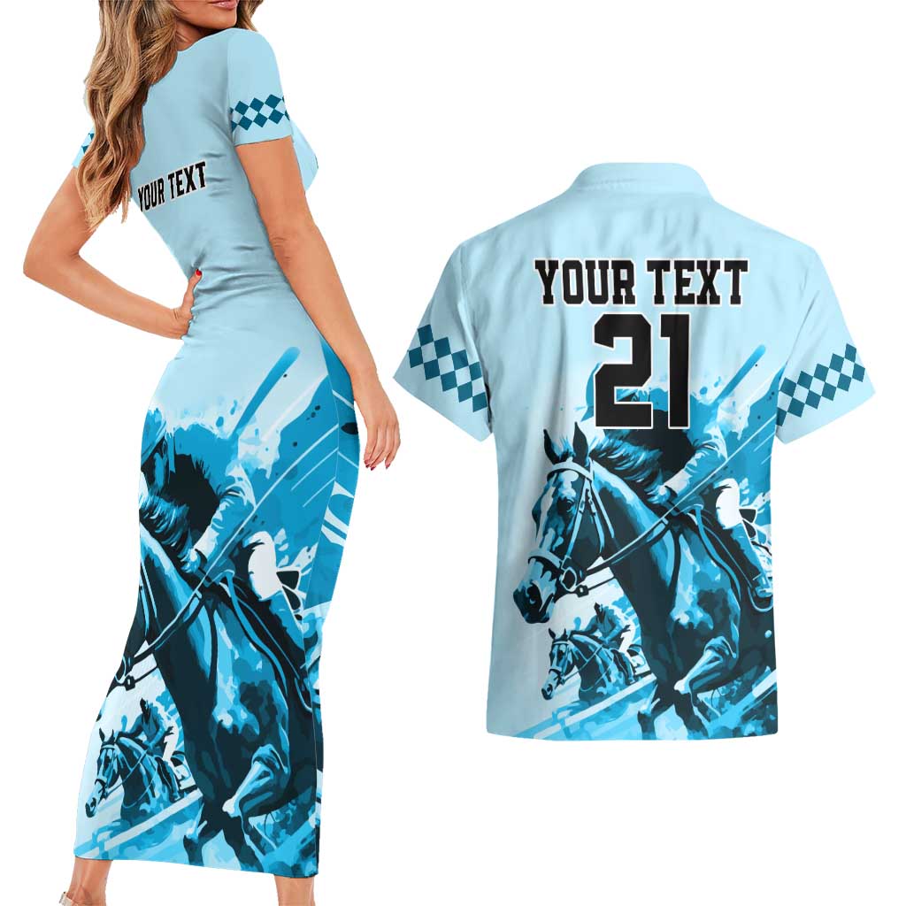 Personalised Kentucky Horse Racing Couples Matching Short Sleeve Bodycon Dress and Hawaiian Shirt 151st Anniversary Sporting Art Blue Version LT9