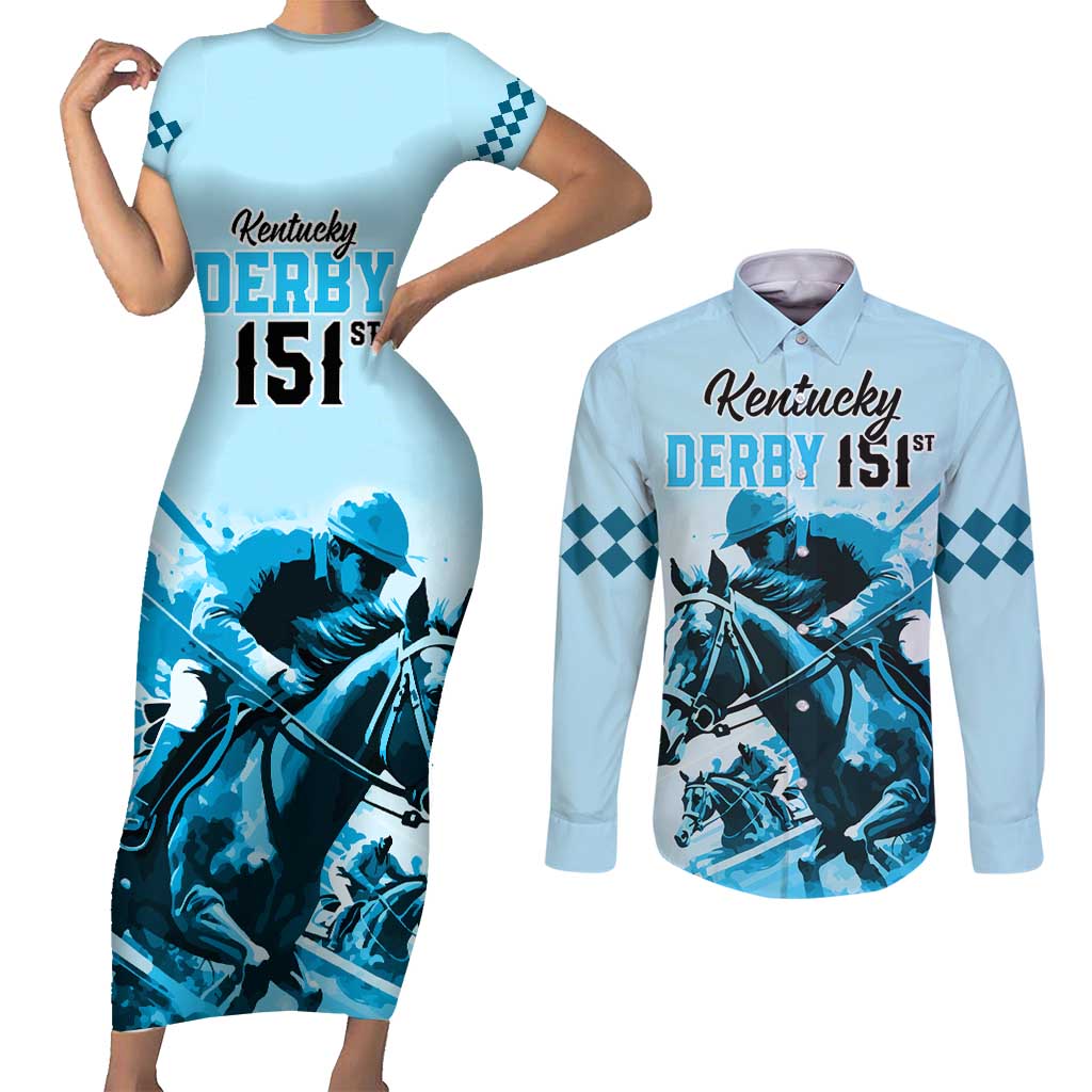 Personalised Kentucky Horse Racing Couples Matching Short Sleeve Bodycon Dress and Long Sleeve Button Shirts 151st Anniversary Sporting Art Blue Version LT9