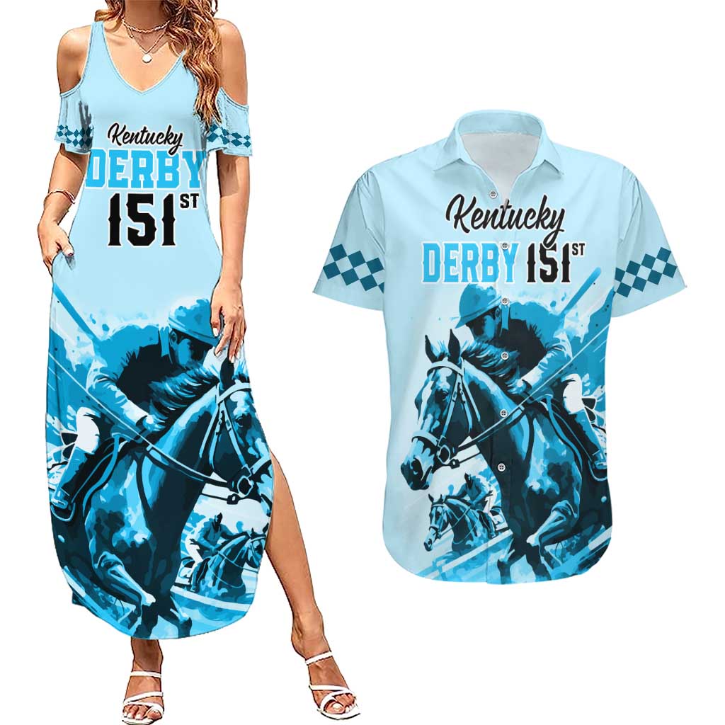 Personalised Kentucky Horse Racing Couples Matching Summer Maxi Dress and Hawaiian Shirt 151st Anniversary Sporting Art Blue Version LT9