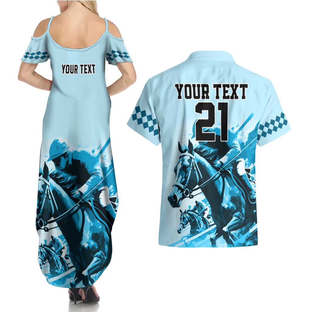 Personalised Kentucky Horse Racing Couples Matching Summer Maxi Dress and Hawaiian Shirt 151st Anniversary Sporting Art Blue Version LT9