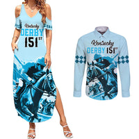 Personalised Kentucky Horse Racing Couples Matching Summer Maxi Dress and Long Sleeve Button Shirts 151st Anniversary Sporting Art Blue Version LT9