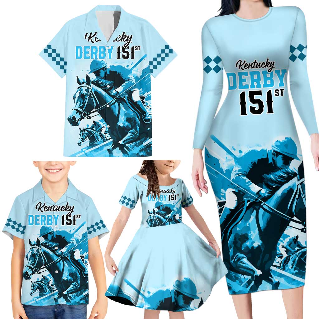 Personalised Kentucky Horse Racing Family Matching Long Sleeve Bodycon Dress and Hawaiian Shirt 151st Anniversary Sporting Art Blue Version LT9