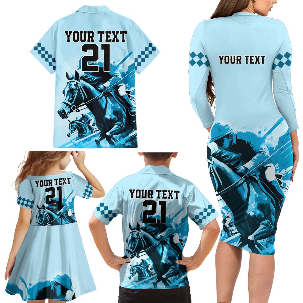 Personalised Kentucky Horse Racing Family Matching Long Sleeve Bodycon Dress and Hawaiian Shirt 151st Anniversary Sporting Art Blue Version LT9