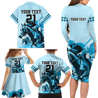 Personalised Kentucky Horse Racing Family Matching Long Sleeve Bodycon Dress and Hawaiian Shirt 151st Anniversary Sporting Art Blue Version LT9