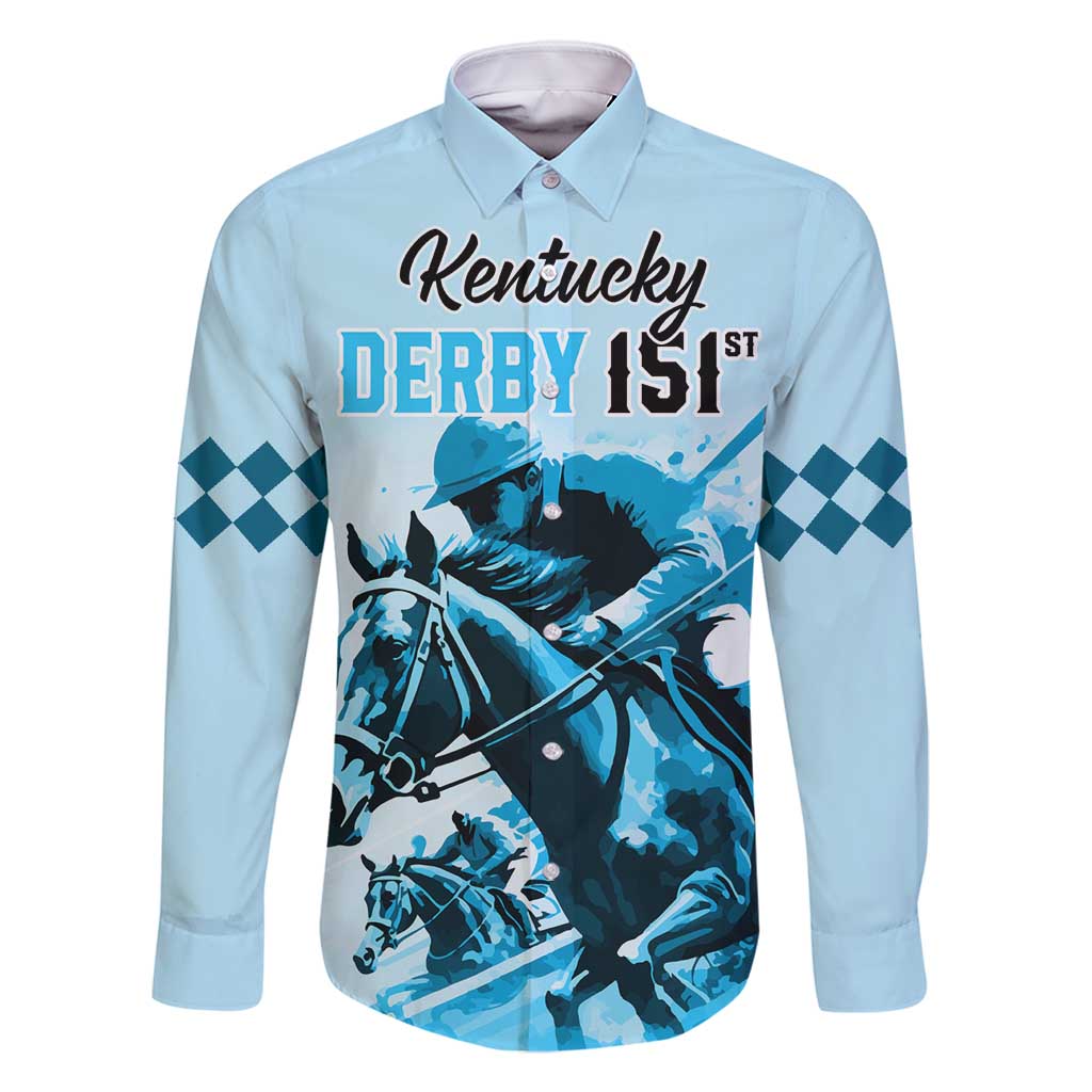 Personalised Kentucky Horse Racing Family Matching Long Sleeve Bodycon Dress and Hawaiian Shirt 151st Anniversary Sporting Art Blue Version LT9