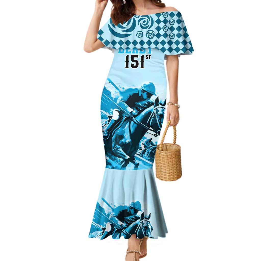 Personalised Kentucky Horse Racing Family Matching Mermaid Dress and Hawaiian Shirt 151st Anniversary Sporting Art Blue Version LT9
