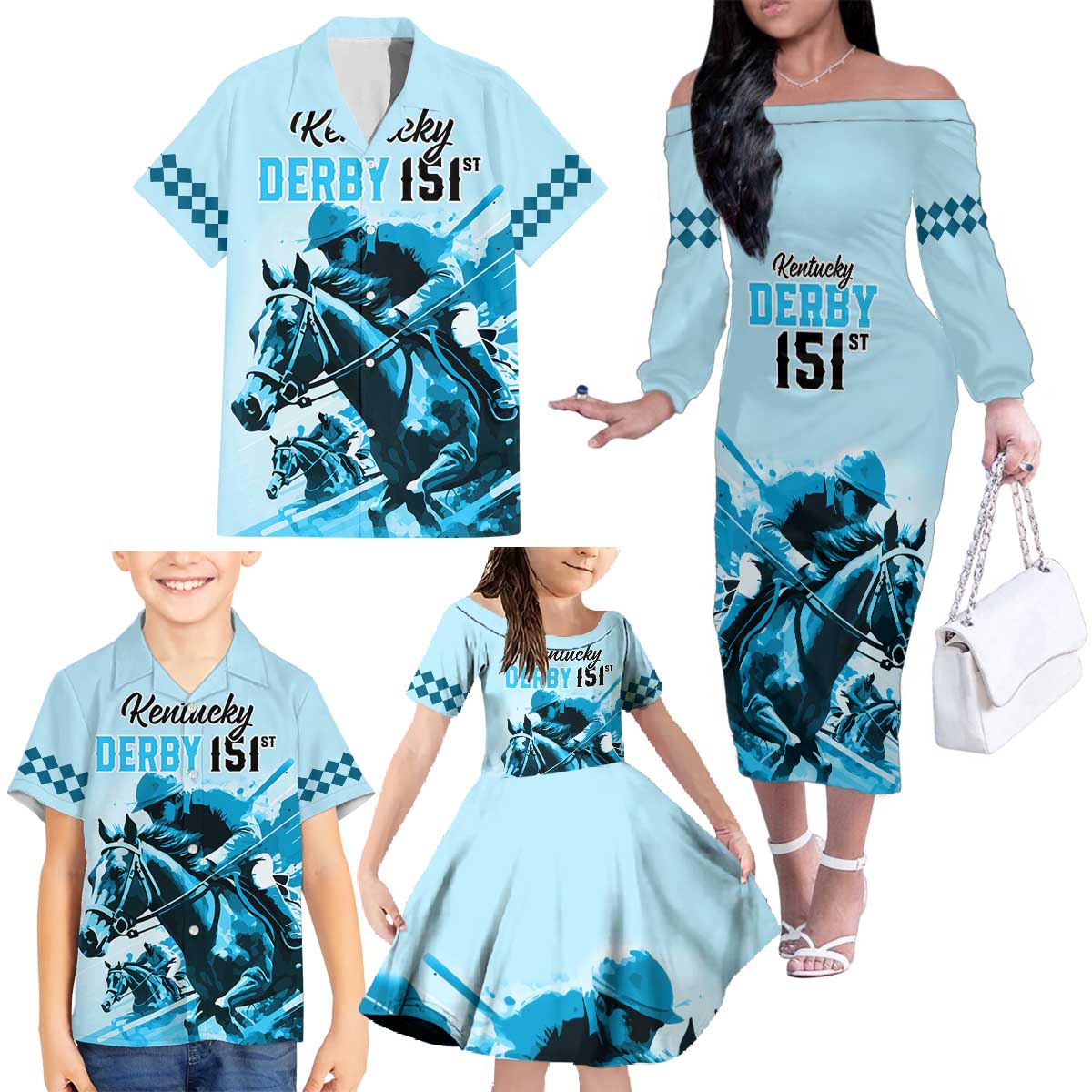 Personalised Kentucky Horse Racing Family Matching Off Shoulder Long Sleeve Dress and Hawaiian Shirt 151st Anniversary Sporting Art Blue Version LT9