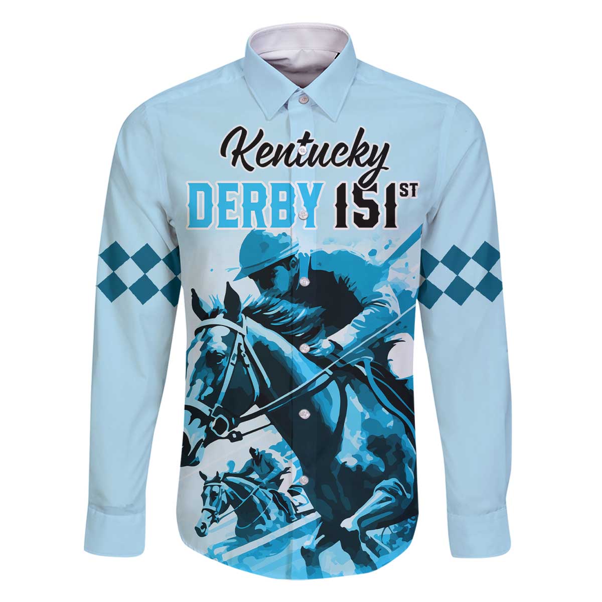 Personalised Kentucky Horse Racing Family Matching Off Shoulder Long Sleeve Dress and Hawaiian Shirt 151st Anniversary Sporting Art Blue Version LT9