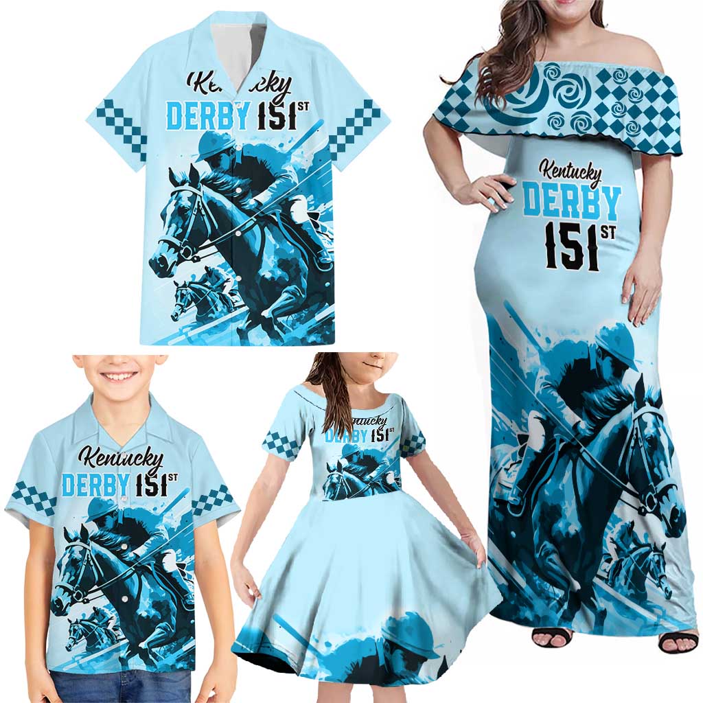 Personalised Kentucky Horse Racing Family Matching Off Shoulder Maxi Dress and Hawaiian Shirt 151st Anniversary Sporting Art Blue Version LT9