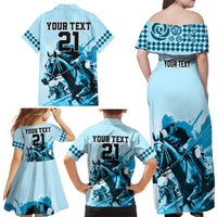 Personalised Kentucky Horse Racing Family Matching Off Shoulder Maxi Dress and Hawaiian Shirt 151st Anniversary Sporting Art Blue Version LT9