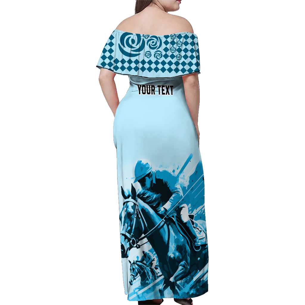 Personalised Kentucky Horse Racing Family Matching Off Shoulder Maxi Dress and Hawaiian Shirt 151st Anniversary Sporting Art Blue Version LT9