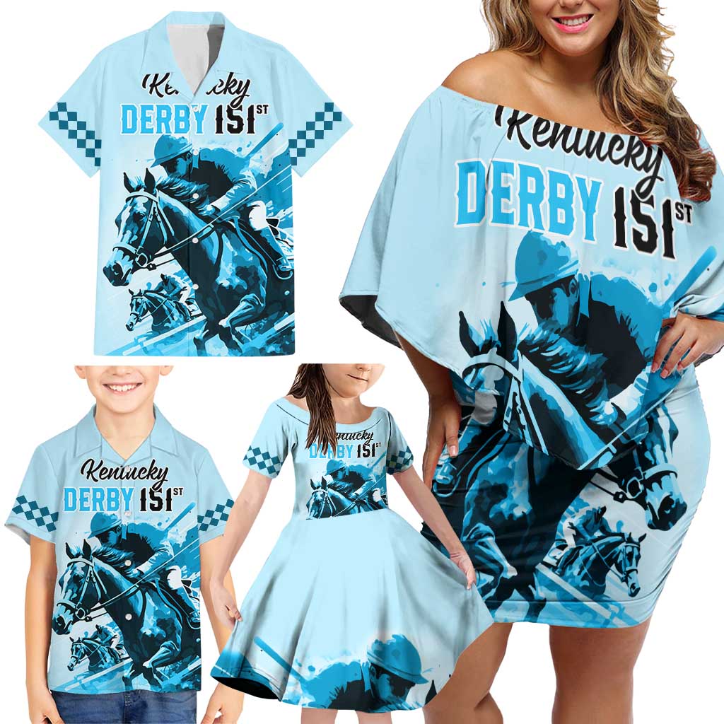 Personalised Kentucky Horse Racing Family Matching Off Shoulder Short Dress and Hawaiian Shirt 151st Anniversary Sporting Art Blue Version LT9