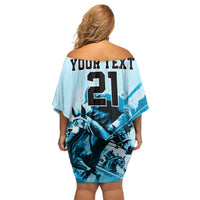 Personalised Kentucky Horse Racing Family Matching Off Shoulder Short Dress and Hawaiian Shirt 151st Anniversary Sporting Art Blue Version LT9