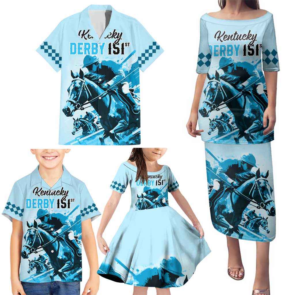 Personalised Kentucky Horse Racing Family Matching Puletasi Dress and Hawaiian Shirt 151st Anniversary Sporting Art Blue Version LT9