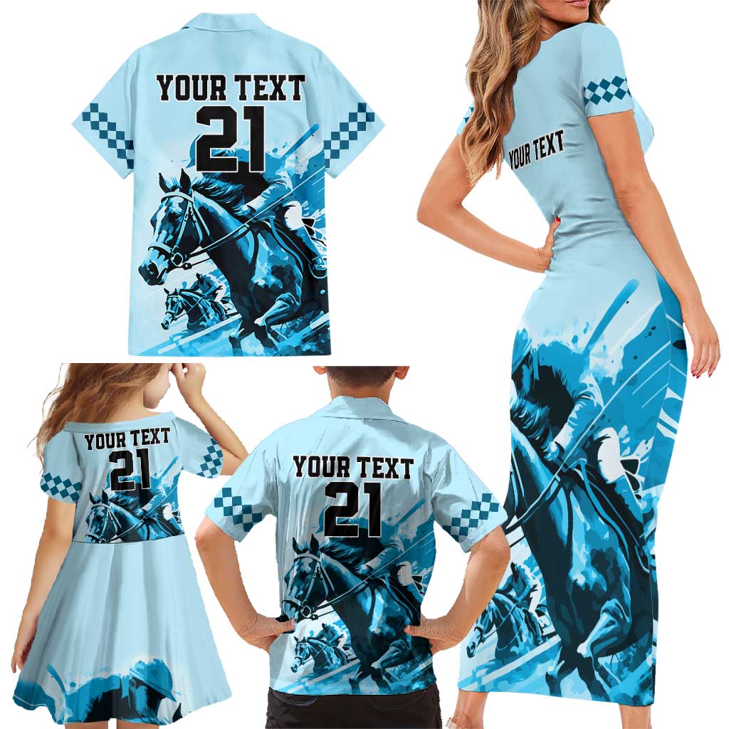Personalised Kentucky Horse Racing Family Matching Short Sleeve Bodycon Dress and Hawaiian Shirt 151st Anniversary Sporting Art Blue Version LT9
