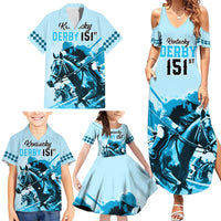 Personalised Kentucky Horse Racing Family Matching Summer Maxi Dress and Hawaiian Shirt 151st Anniversary Sporting Art Blue Version LT9