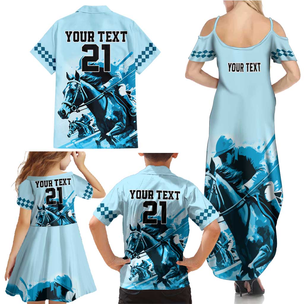 Personalised Kentucky Horse Racing Family Matching Summer Maxi Dress and Hawaiian Shirt 151st Anniversary Sporting Art Blue Version LT9