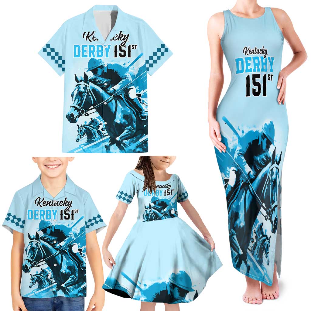 Personalised Kentucky Horse Racing Family Matching Tank Maxi Dress and Hawaiian Shirt 151st Anniversary Sporting Art Blue Version LT9