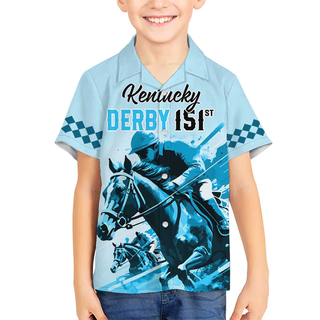 Personalised Kentucky Horse Racing Kid Hawaiian Shirt 151st Anniversary Sporting Art Blue Version LT9