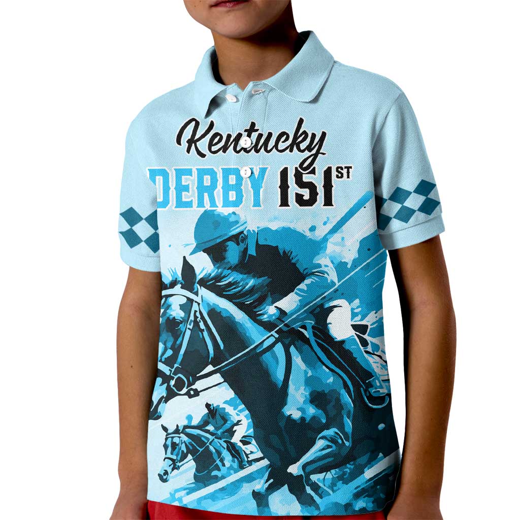 Personalised Kentucky Horse Racing Kid Polo Shirt 151st Anniversary Sporting Art Blue Version LT9