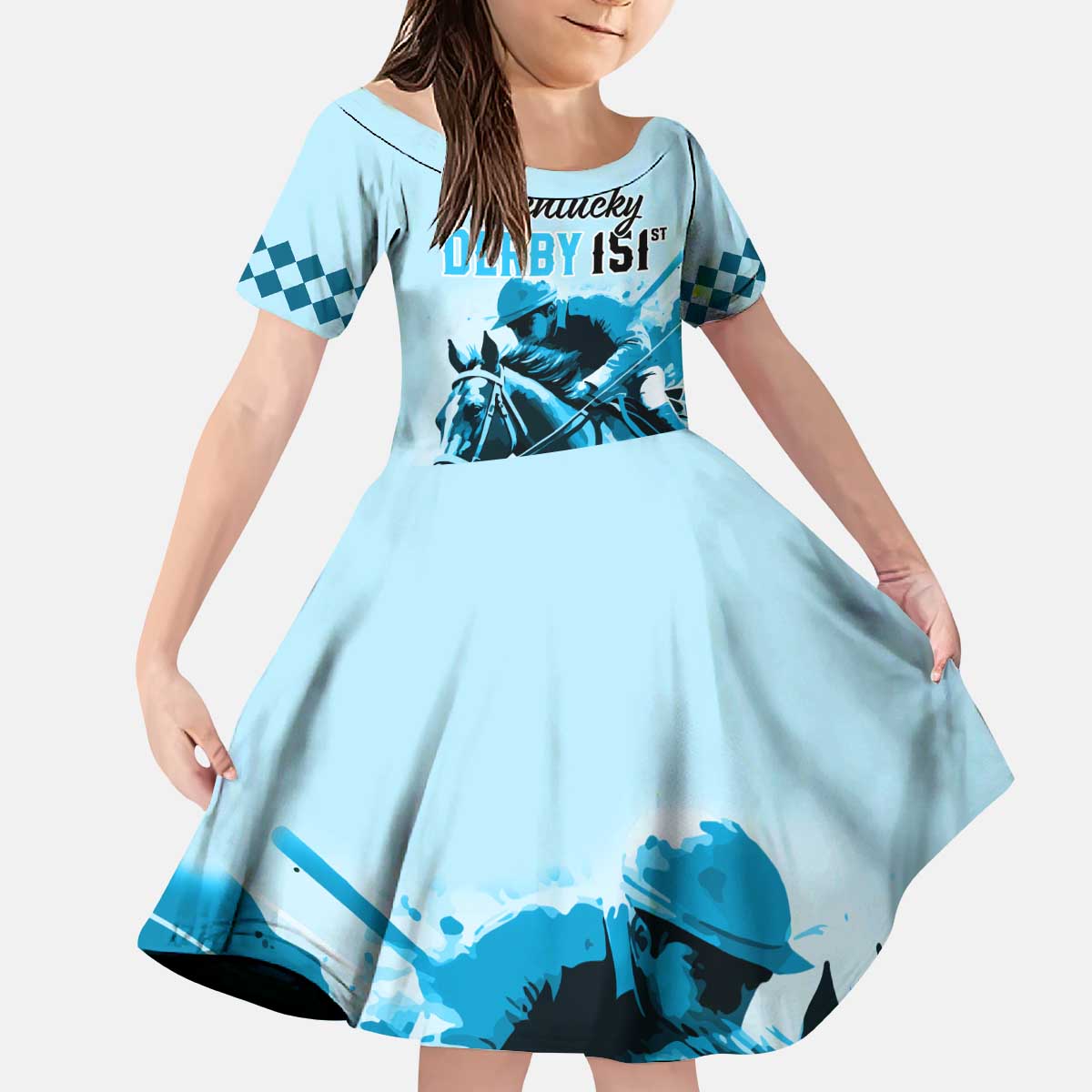 Personalised Kentucky Horse Racing Kid Short Sleeve Dress 151st Anniversary Sporting Art Blue Version LT9