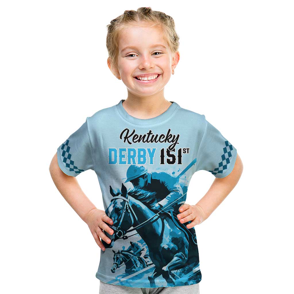 Personalised Kentucky Horse Racing Kid T Shirt 151st Anniversary Sporting Art Blue Version LT9