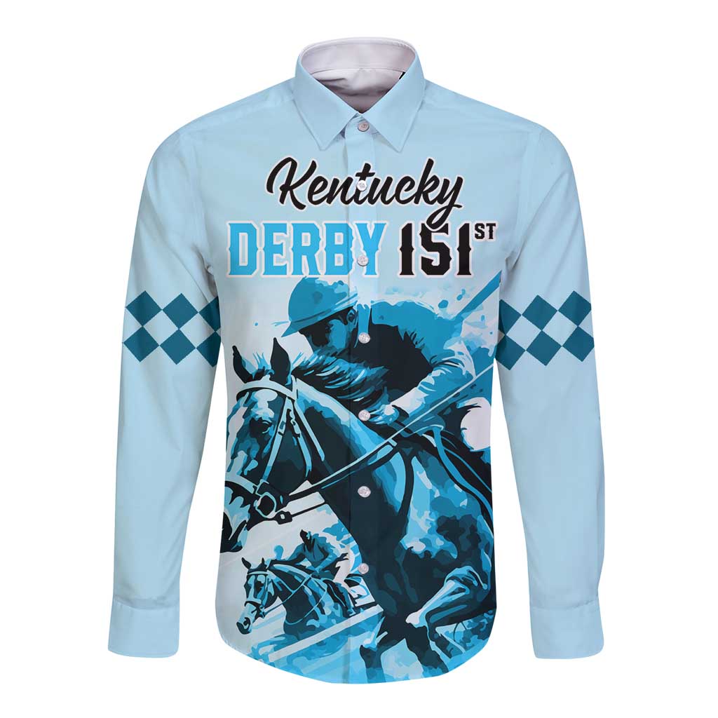 Personalised Kentucky Horse Racing Long Sleeve Button Shirt 151st Anniversary Sporting Art Blue Version LT9