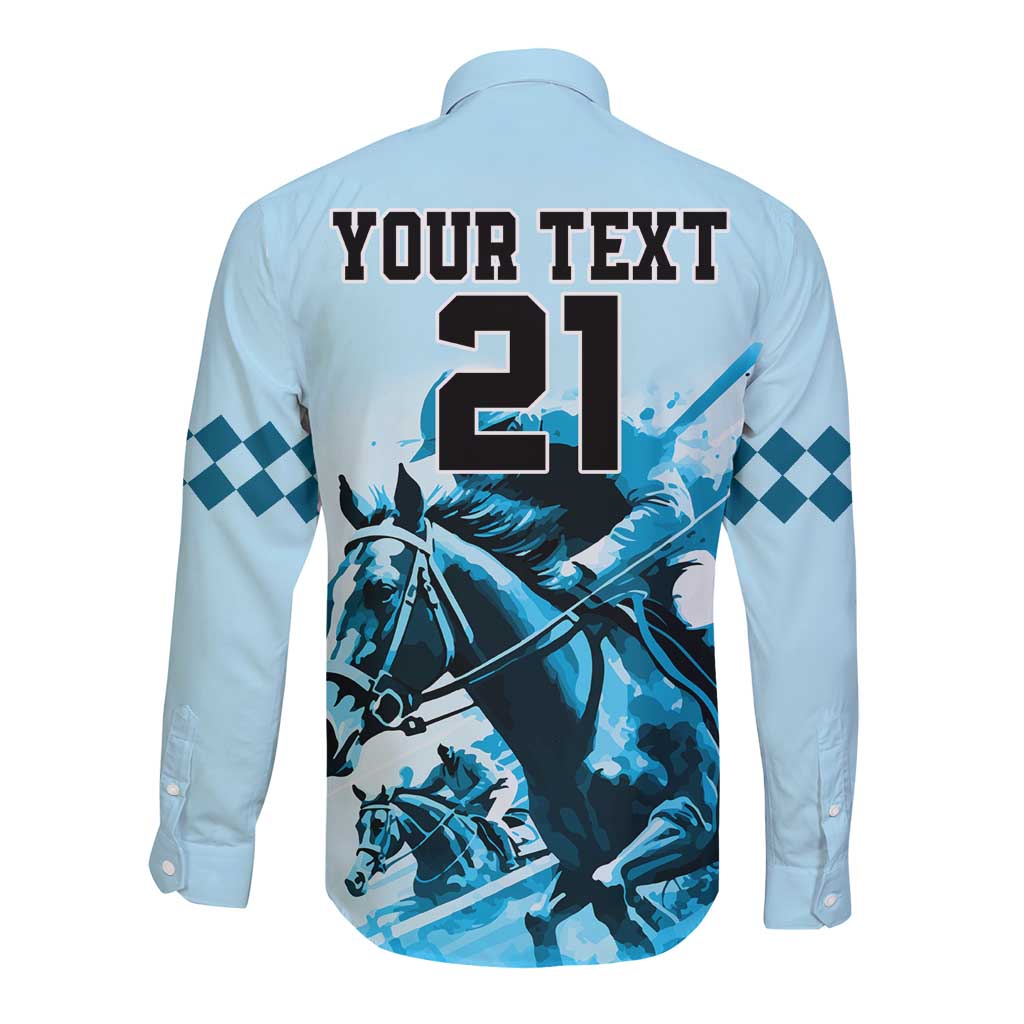 Personalised Kentucky Horse Racing Long Sleeve Button Shirt 151st Anniversary Sporting Art Blue Version LT9