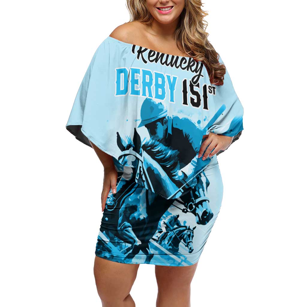 Personalised Kentucky Horse Racing Off Shoulder Short Dress 151st Anniversary Sporting Art Blue Version LT9