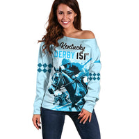 Personalised Kentucky Horse Racing Off Shoulder Sweater 151st Anniversary Sporting Art Blue Version LT9