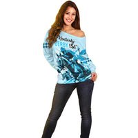 Personalised Kentucky Horse Racing Off Shoulder Sweater 151st Anniversary Sporting Art Blue Version LT9